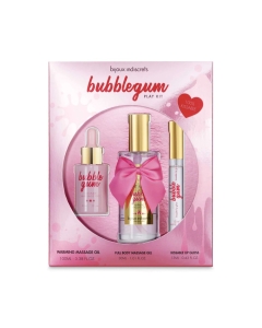 BUBBLEGUM Play Kit:- Warming massage oil 100 ml- Full body kissable massage gel 30ml- Oral Pleasure lip Gloss 13ml
