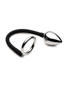 XR Brands - Tug + Plug Cock & Ball Ring with Anal Plug - Black & Silver